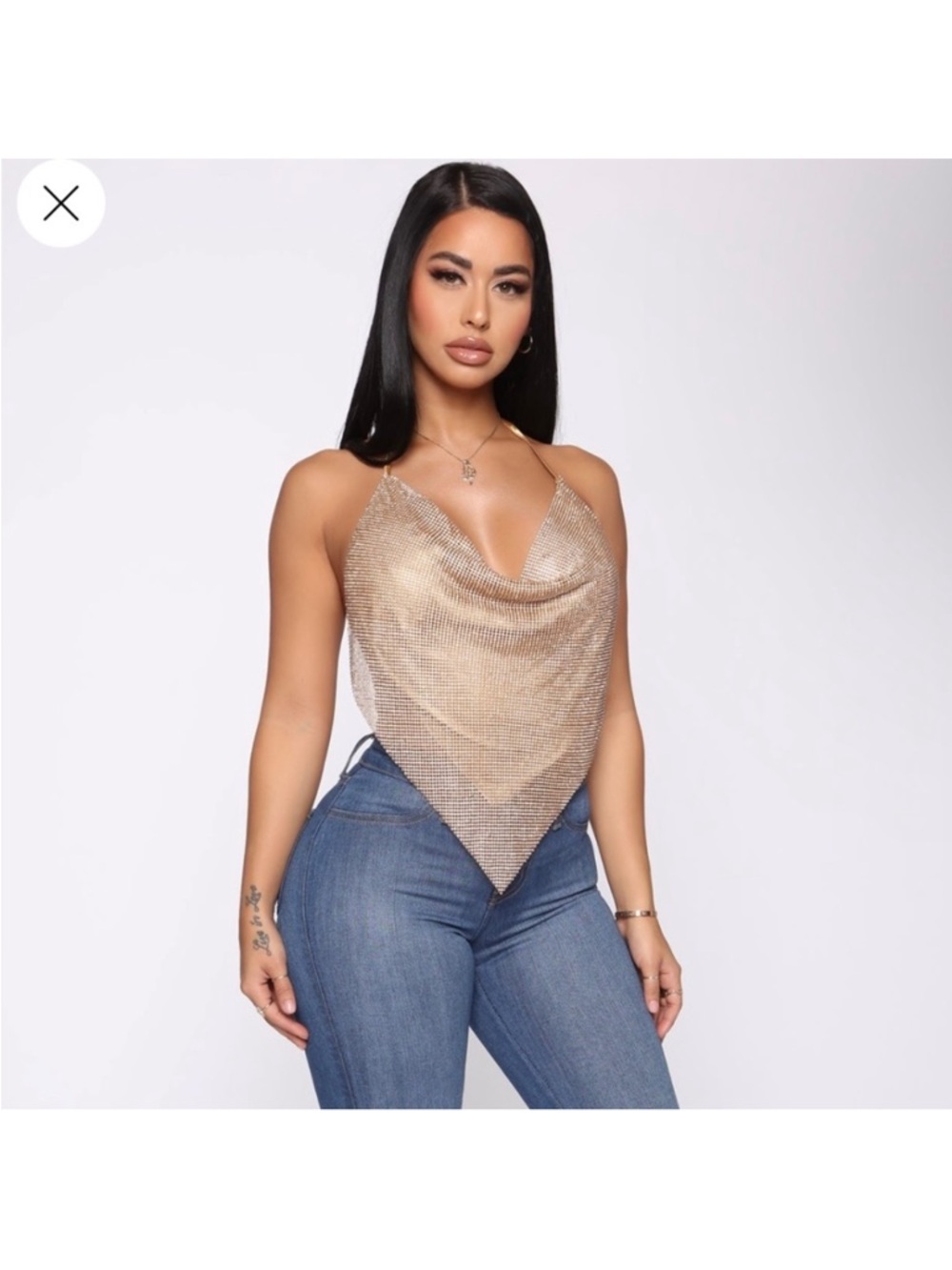 Fashion Nova Gold Sequin Halter Tie-Back Crop Top